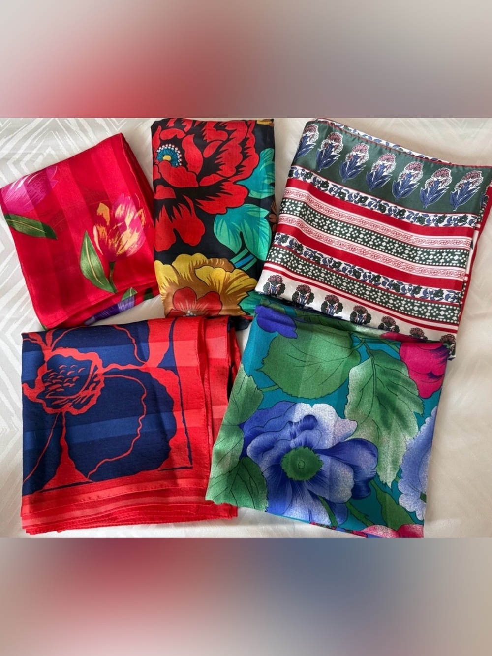 Lot of 5 Vintage Multicolor Floral Silk Striped Scarves Set Echo Flower Spring